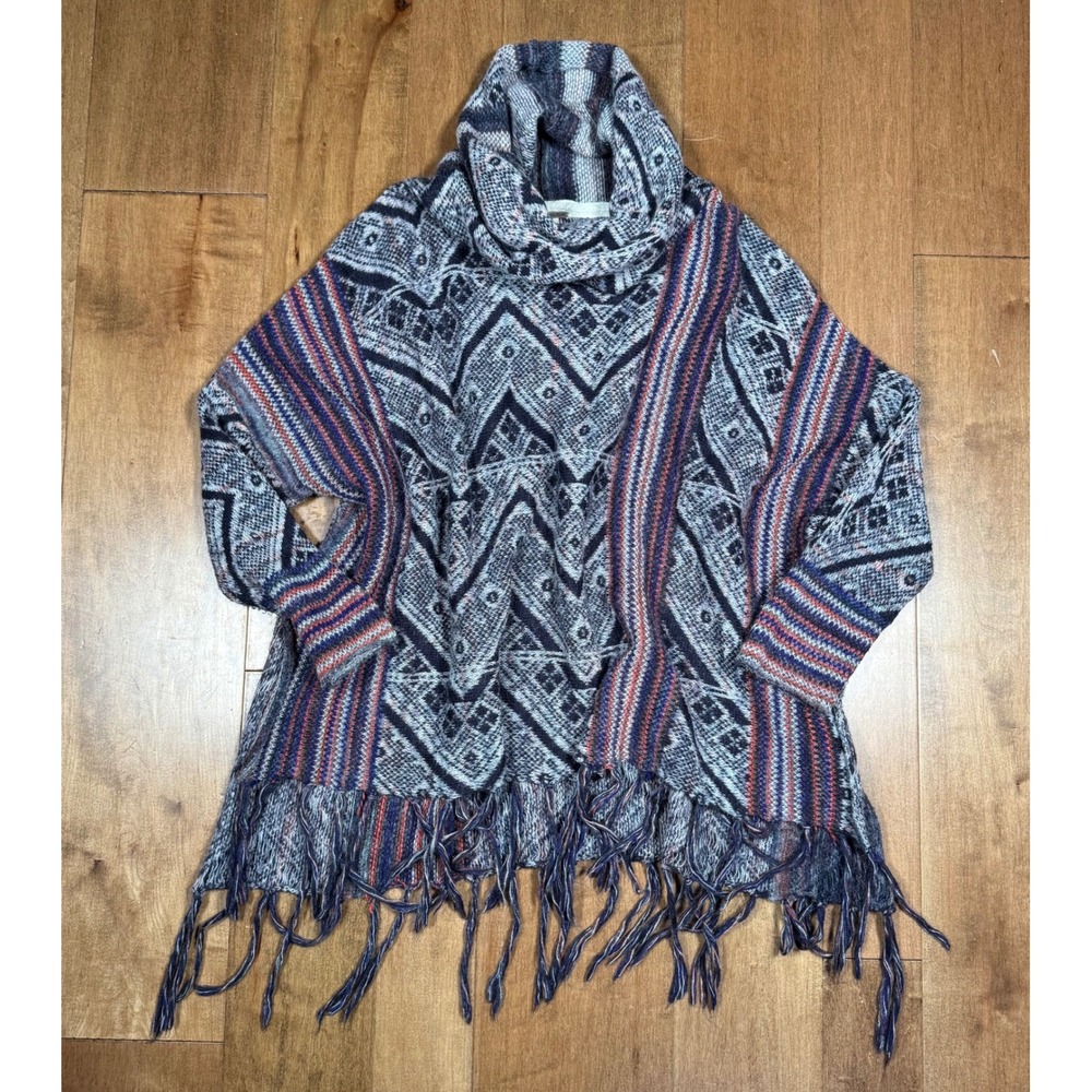 Free People Be The One Wool Blend Fringe Cowlneck Poncho Sweater‎ Women's Lg
